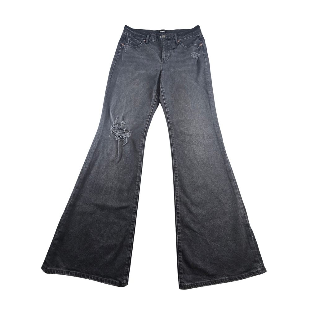Express 70s Flare Jeans Womens 8R Black Distressed Mid Rise Wide Leg Denim